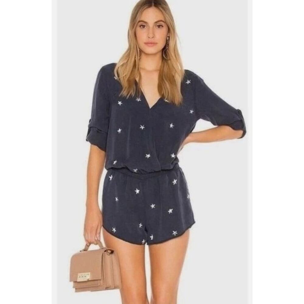 Anthropologie Cloth & Stone V Neck Blue/White Star Shorts Pockets Romper-Medium